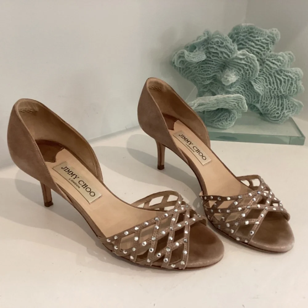 Jimmy Choo Suede Crystal Embellishment Slides Heels Sandals Shoes 37 7